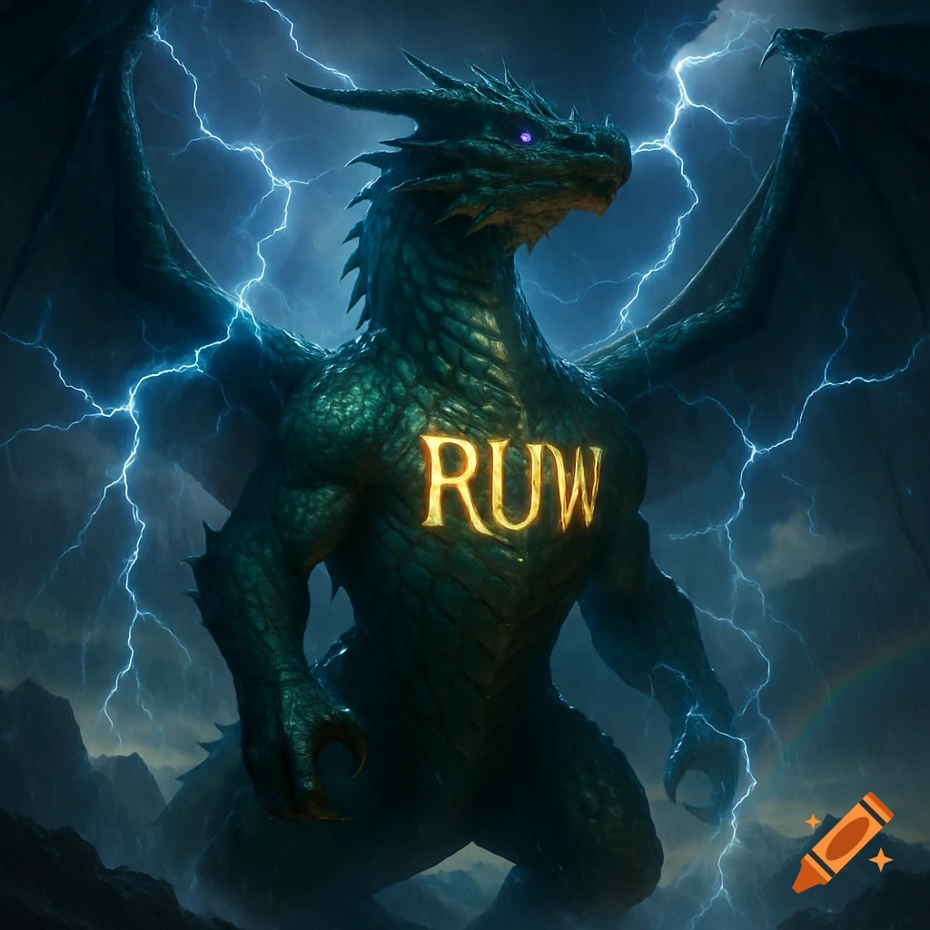 A powerful green dragon with golden letters RUW on its chest stands in a stormy, mountainous landscape with lightning.