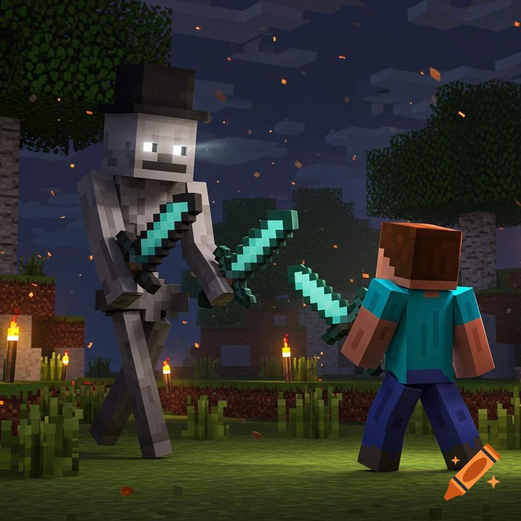 Minecraft skeleton in a top hat with two swords fights Steve holding a sword in a blocky nighttime landscape.