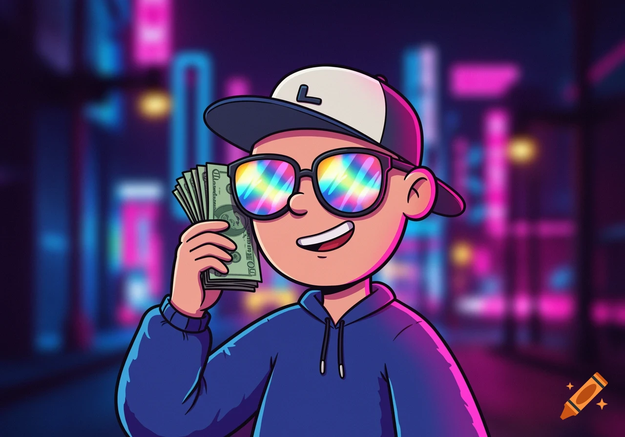 A cartoon character in a blue hoodie and backward baseball cap smiles while holding a stack of cash. The character wears rainbow-reflective sunglasses, set against a blurred neon cityscape background.