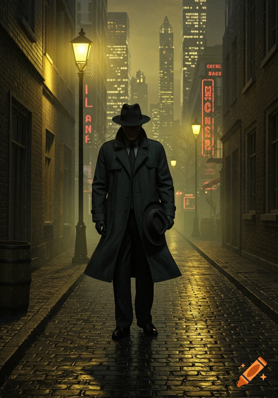 A man in a trench coat and fedora walks down a wet, dark city alley illuminated by streetlights and neon signs at night.