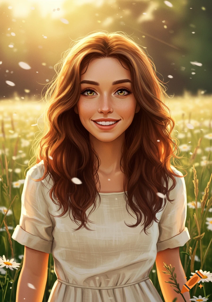 A smiling young woman with long wavy brown hair stands in a sunny field of white flowers.