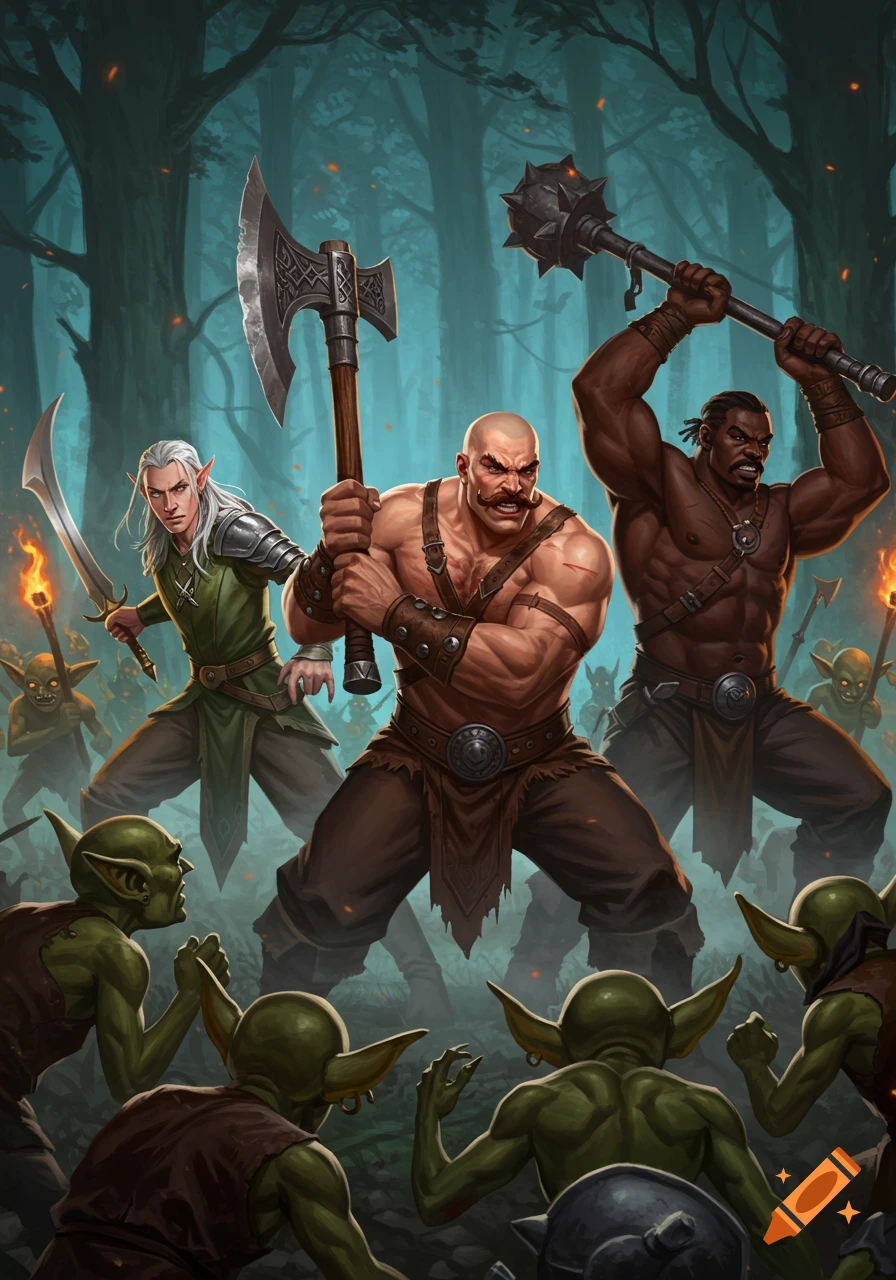 Three fantasy heroes fight a horde of goblins in a dark, magical forest.