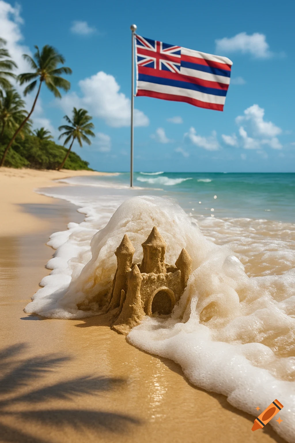 Photorealistic image of a sandcastle on a sandy beach being washed by a wave, with a Hawaiian flag and palm trees.