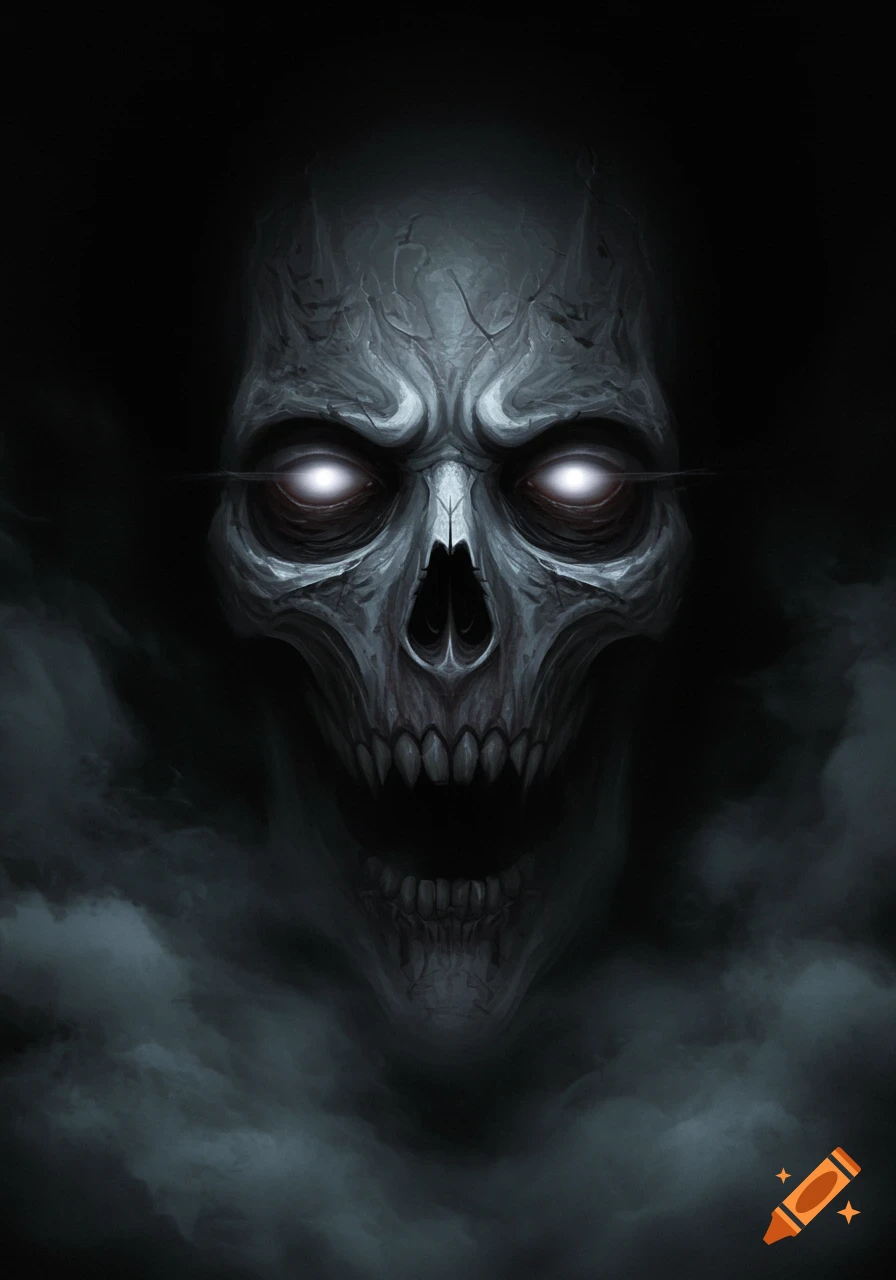 A menacing, highly detailed skeletal face with glowing white eyes emerges from dark, swirling mist against a black background.