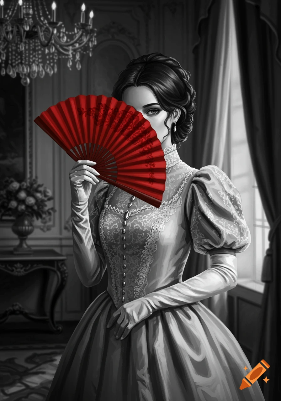 A black and white portrait of a 19th-century lady in a dress, holding a vibrant red fan that covers half her face, in an ornate room.
