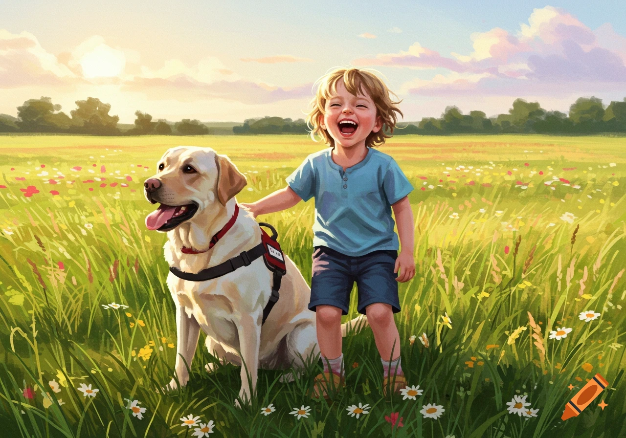A happy child laughs while petting a golden retriever service dog in a sunny field of green grass and wildflowers.
