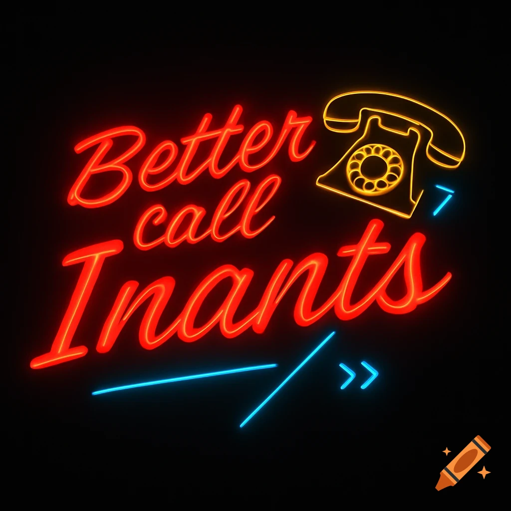 Neon sign with red text 'Better call Inants' and a yellow old-fashioned telephone icon, on a black background.