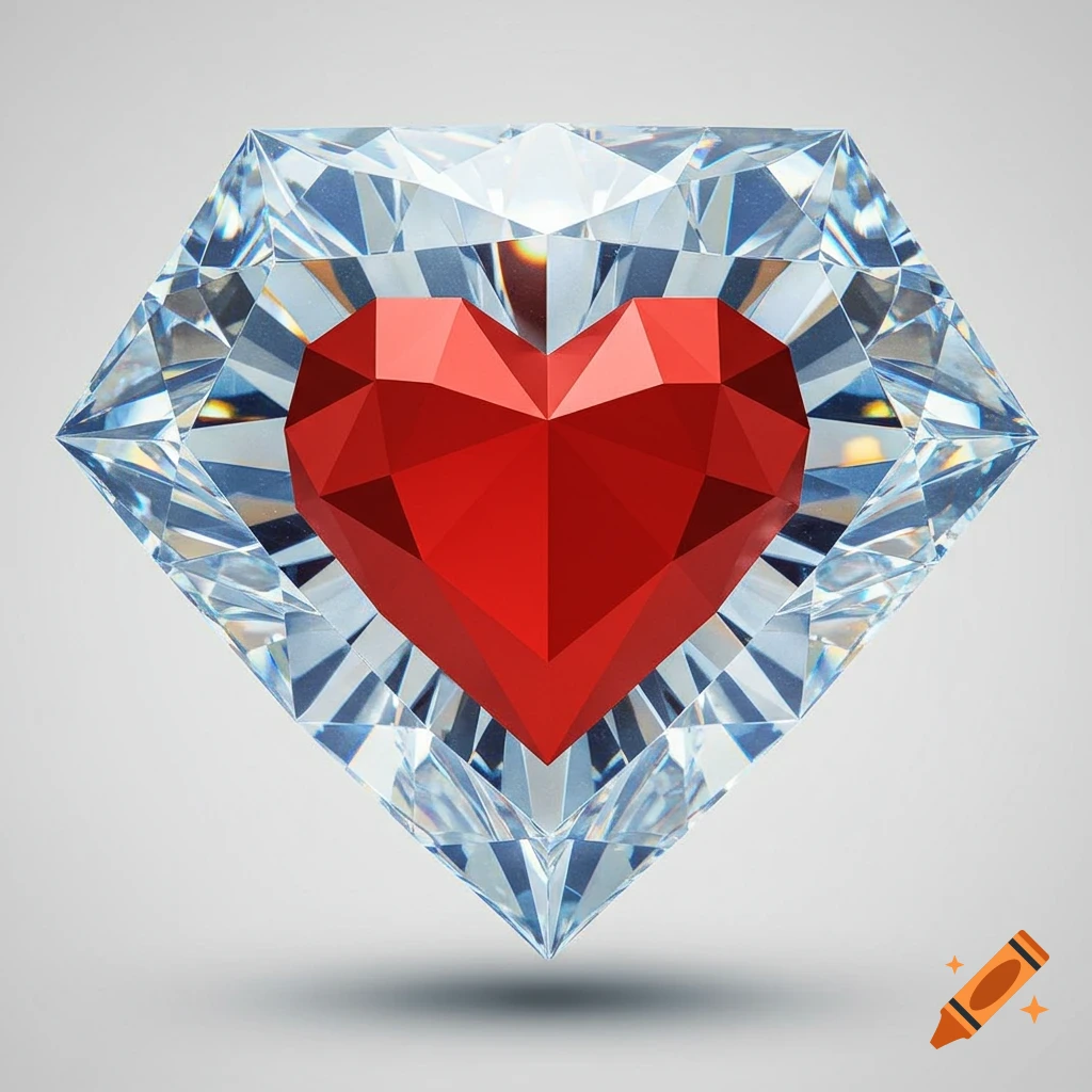 A brilliant cut diamond with a faceted red heart shape at its center, floating against a light background.