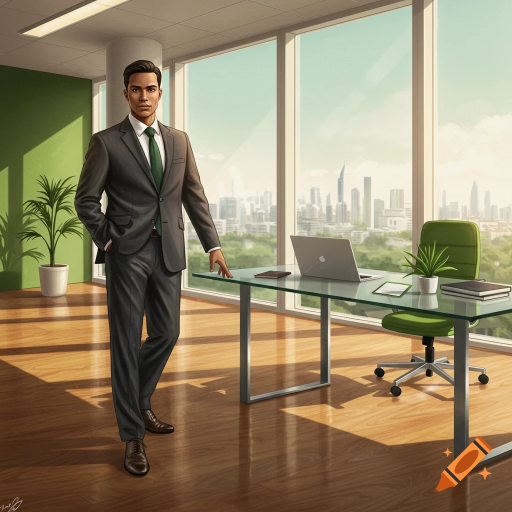 A man in a dark suit and green tie stands in a modern office with large windows overlooking a city skyline, next to a glass desk.