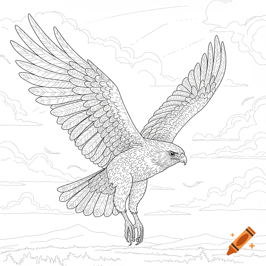 A black and white line drawing of a hawk with spread wings soaring over mountains and clouds.