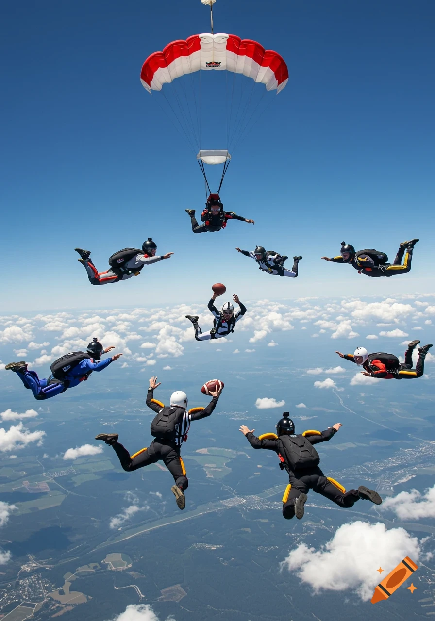 Eight skydivers freefalling with footballs, one dressed as a referee, and one descending under a red and white parachute.