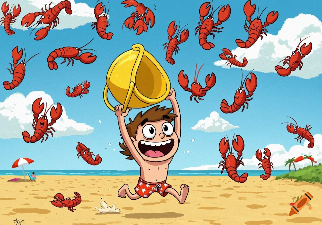 A cartoon boy on a beach joyfully running with a bucket, trying to catch cartoon lobsters falling from a blue sky.
