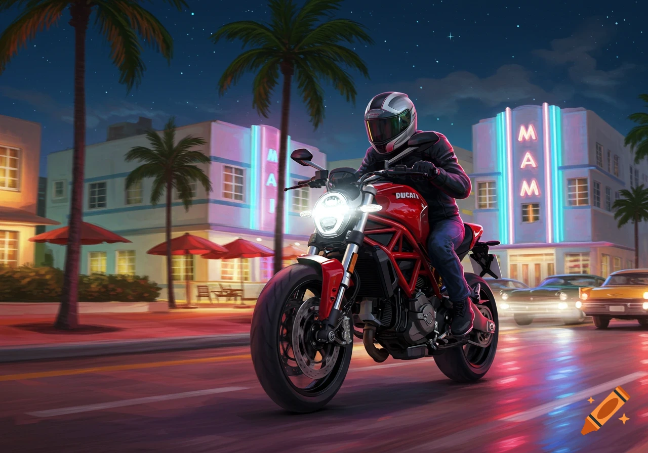 A person on a red Ducati motorcycle rides through a vibrant Miami street at night, illuminated by neon lights and palm trees.