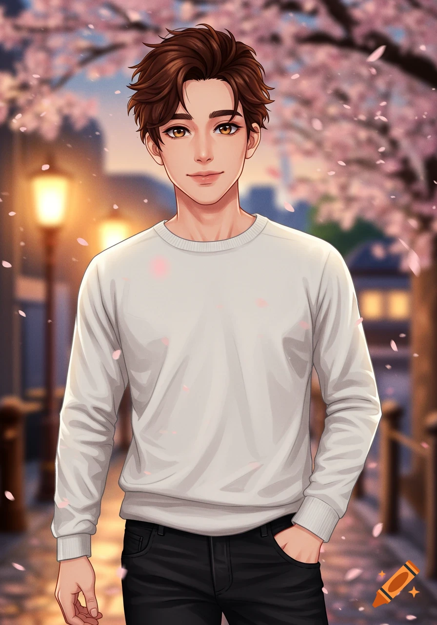 Anime man with brown hair and hazel eyes smiling, wearing a white sweater and black jeans, standing under cherry blossoms.
