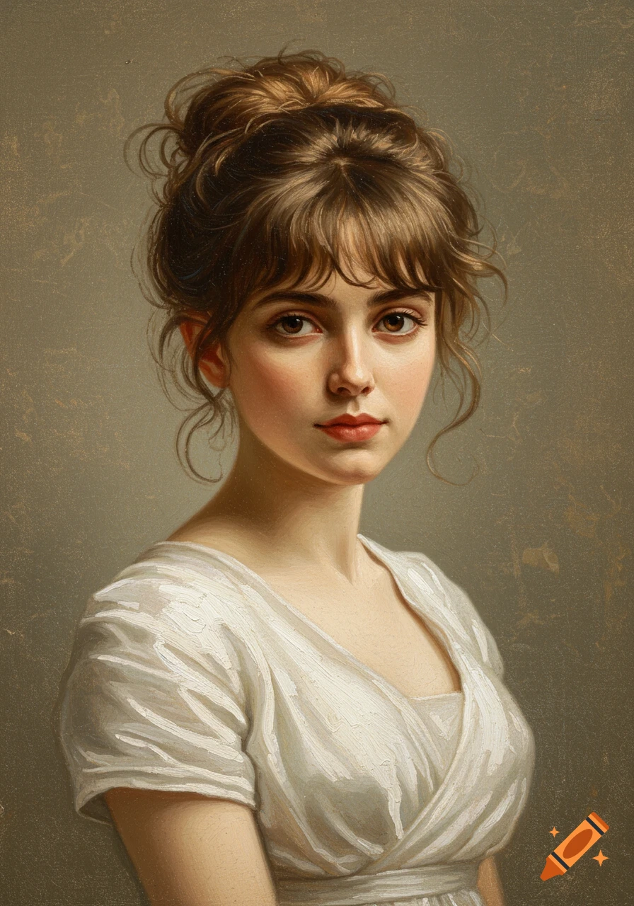Aged Regency style oil painting portrait of a young woman with brown hair in a messy bun and a white gown.