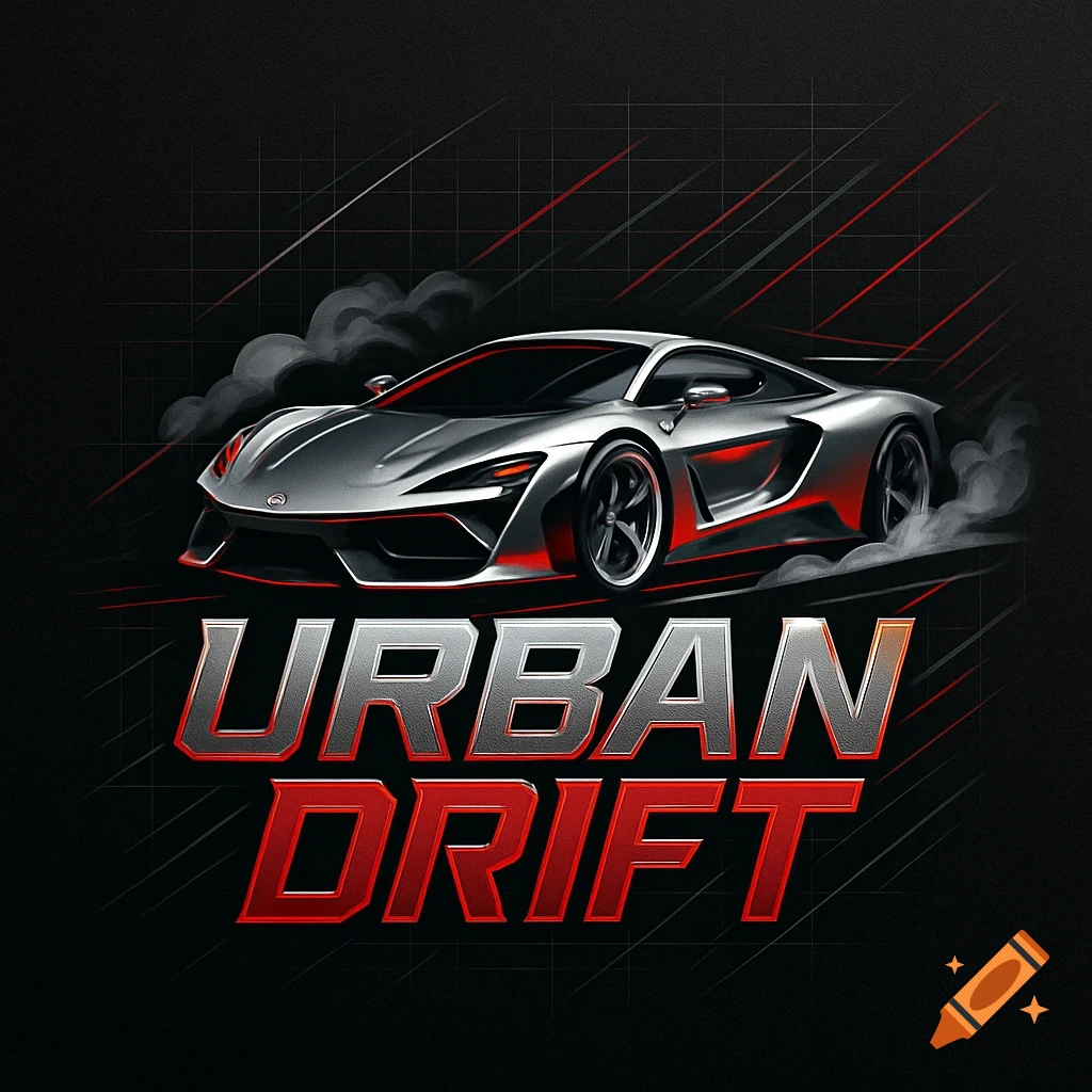 A silver stylized supercar drifts on a dark background with red accents and smoke, with the text "URBAN DRIFT" in metallic silver and red.