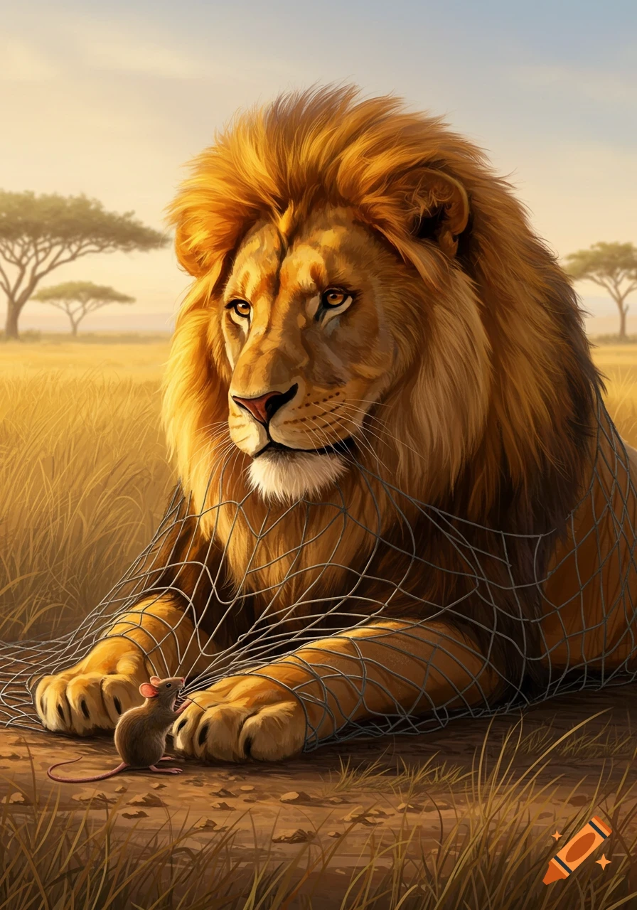 A majestic lion entangled in a net, looking down at a small mouse standing before its paw in a savanna setting, digital painting style.