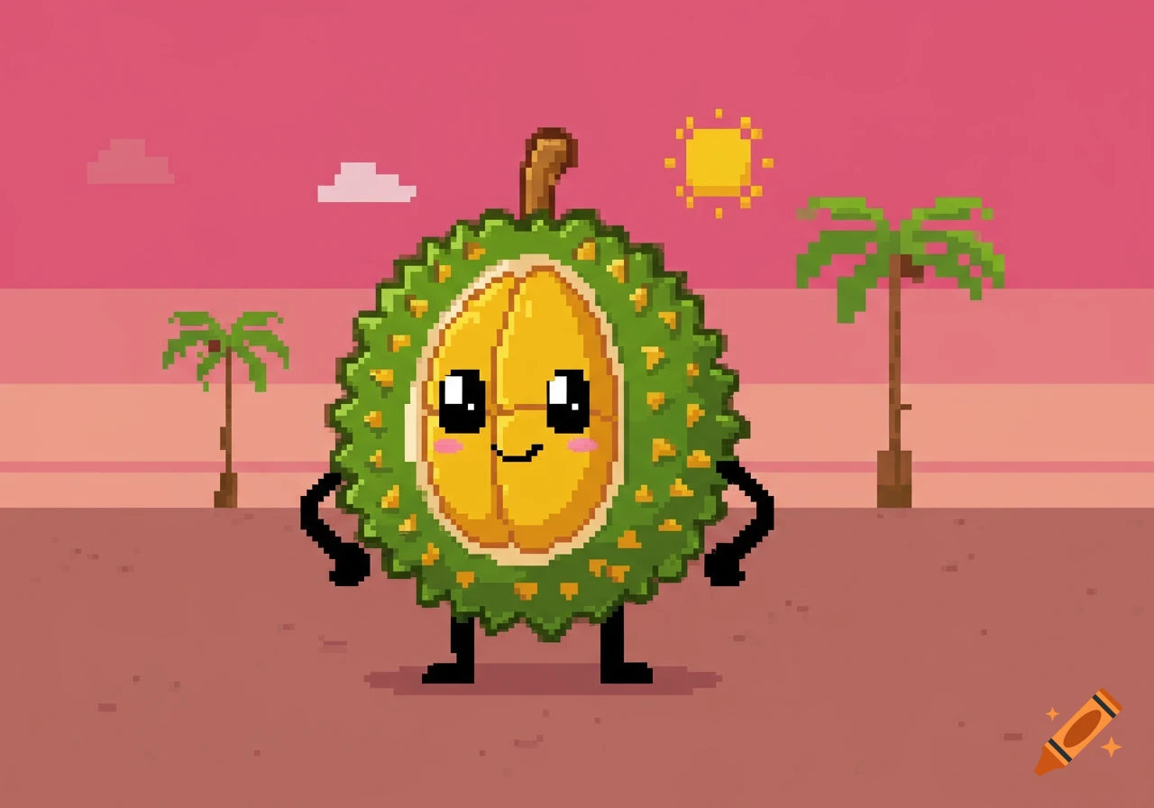 A happy pixel art durian fruit mascot in a retro-style landscape with palm trees and a pink sunset.