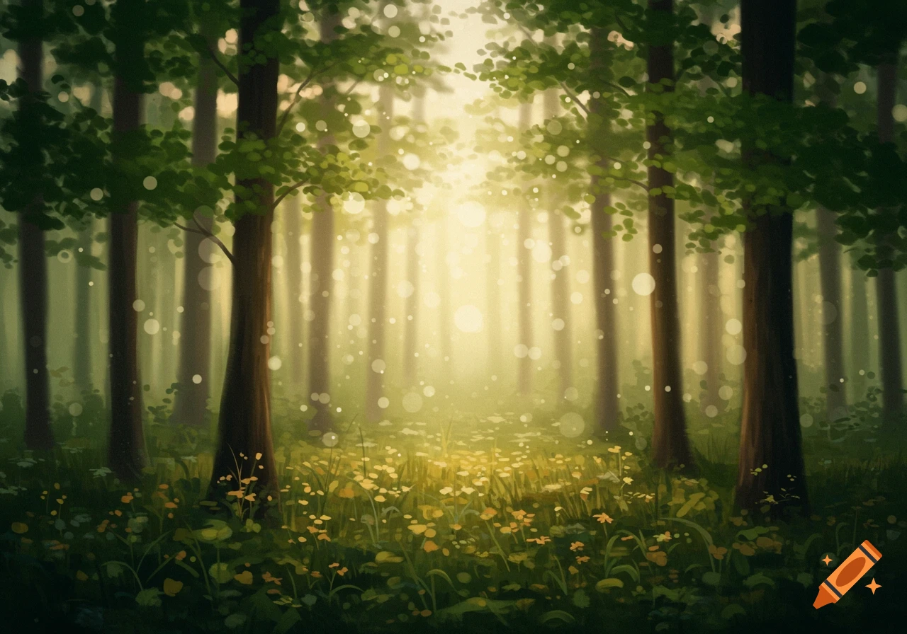 Ethereal forest scene with sun rays filtering through trees and wildflowers on the ground, featuring a blurry bokeh effect.