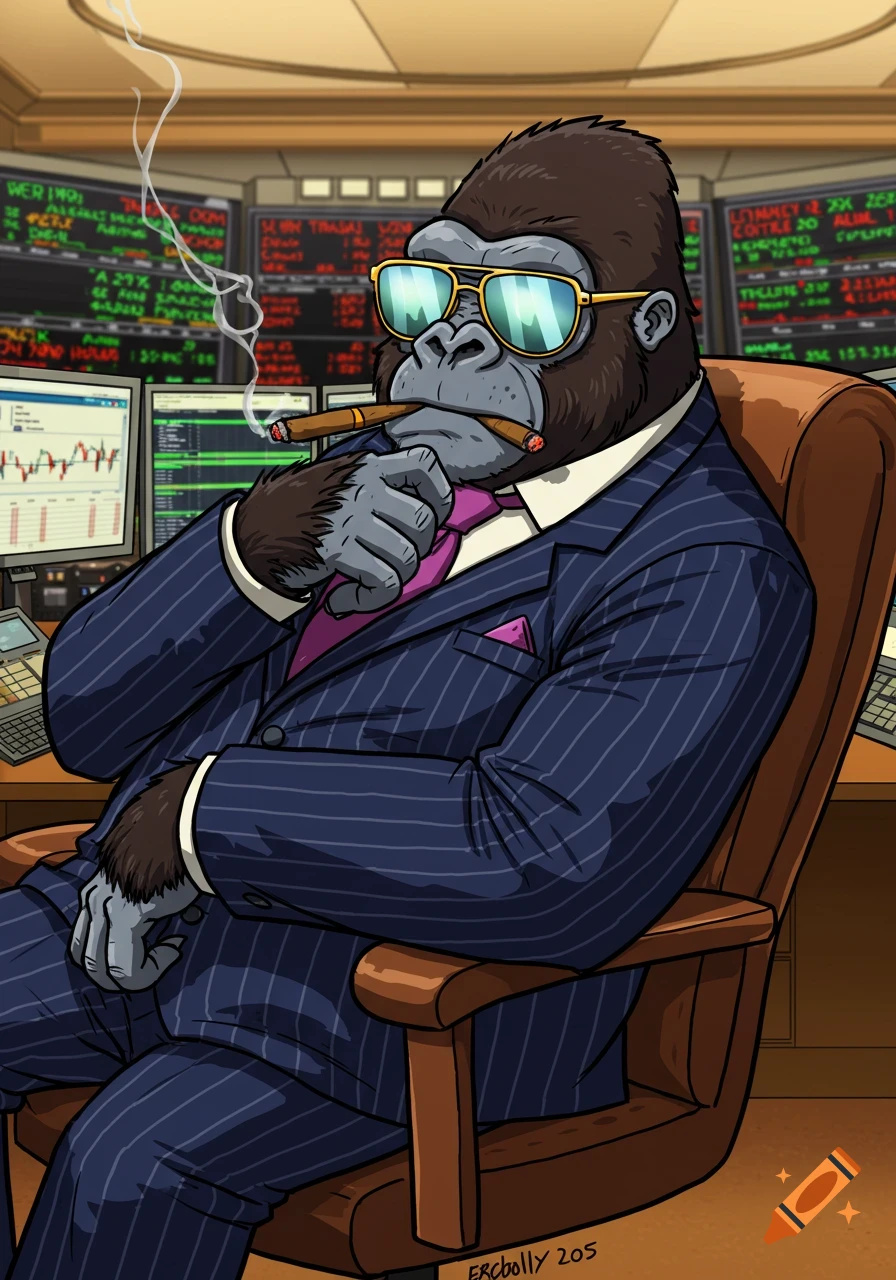 Cartoon gorilla in a pinstripe suit and aviator sunglasses, smoking a cigar, sitting in a chair in front of stock trading screens.
