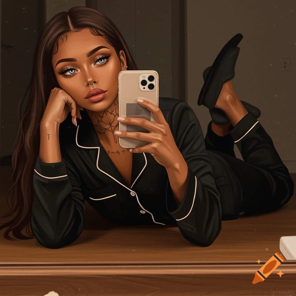 A tan woman with long dark hair, light blue eyes, and a nose ring takes a mirror selfie while lying on her stomach in black pajamas and slippers.
