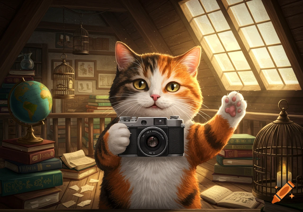 A cute calico cat holds a vintage camera, appearing to take a selfie in a cozy, book-filled attic with a globe and birdcages.