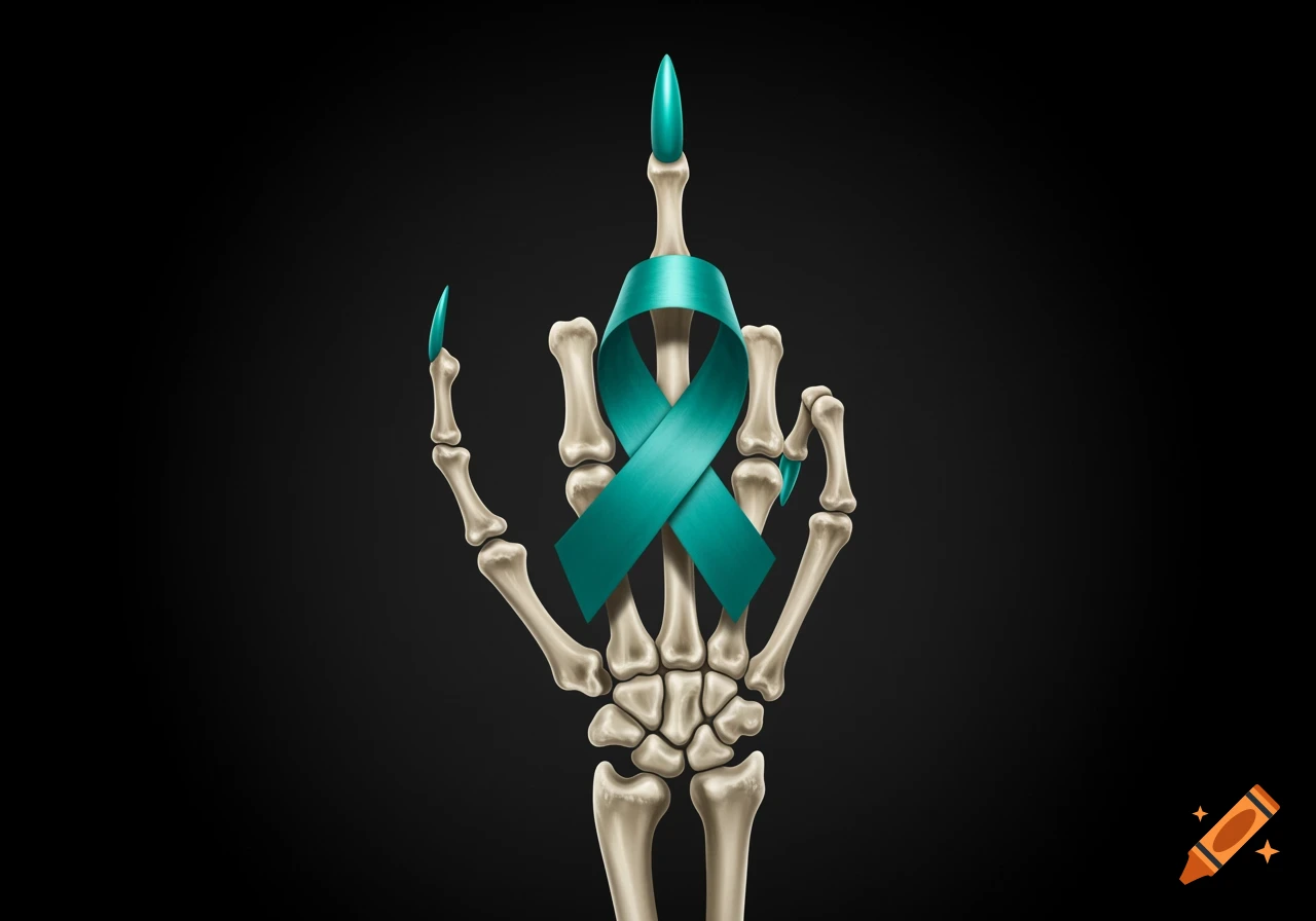 A skeleton hand giving the middle finger, with long teal stiletto nails and a teal cancer awareness ribbon wrapped around the middle finger.