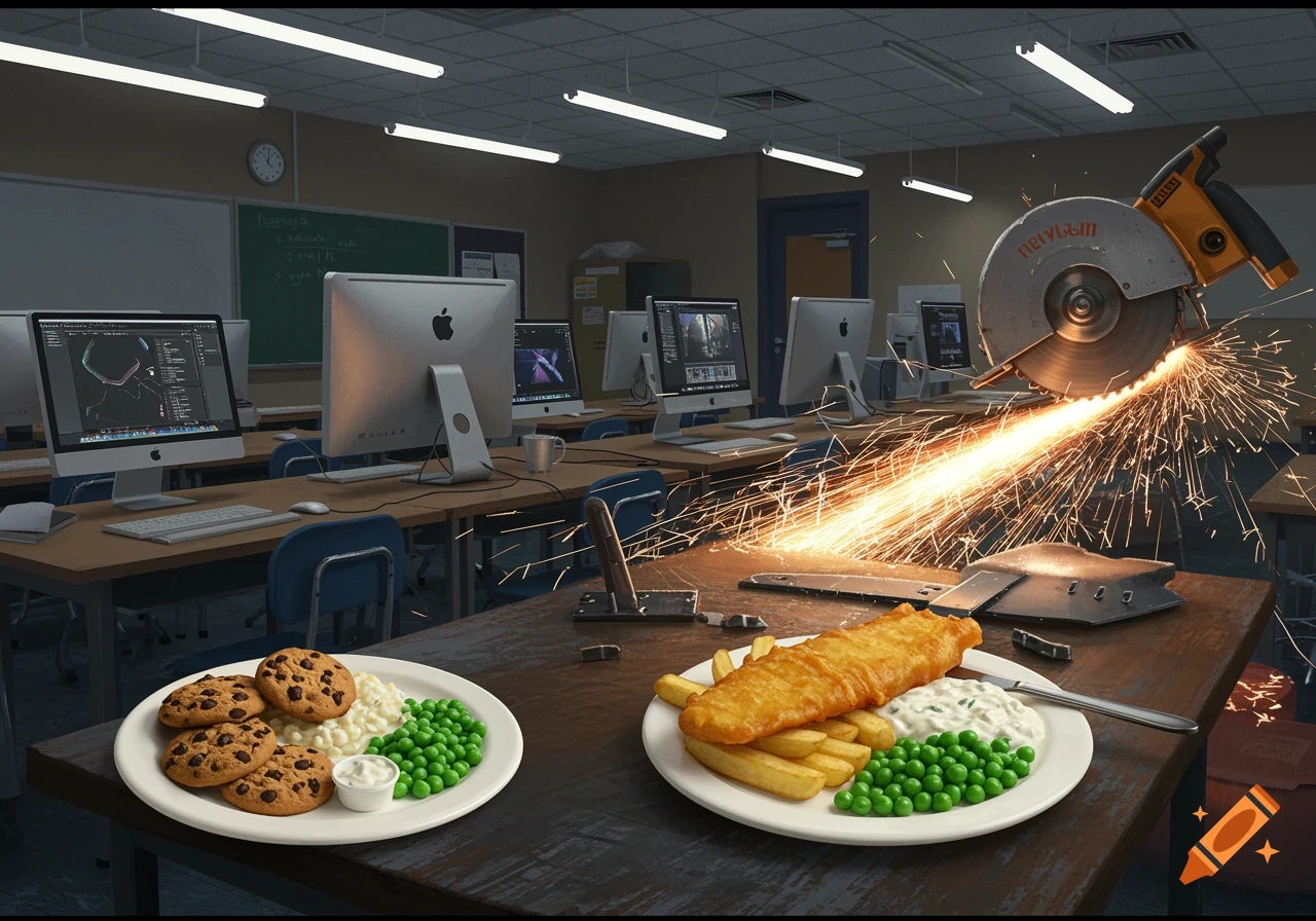 A chaotic classroom scene with Apple iMacs, plates of cookies and fish and chips, and a circular saw cutting metal with sparks flying.