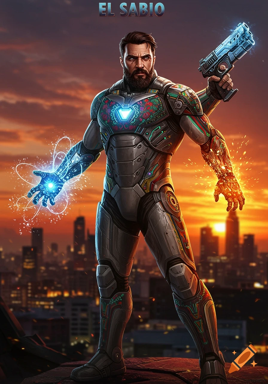 A bearded superhero in Iron Man-style armor holds a futuristic pistol and emits blue energy, standing on a rooftop overlooking a city at sunset. Text 'EL SABIO' at top.