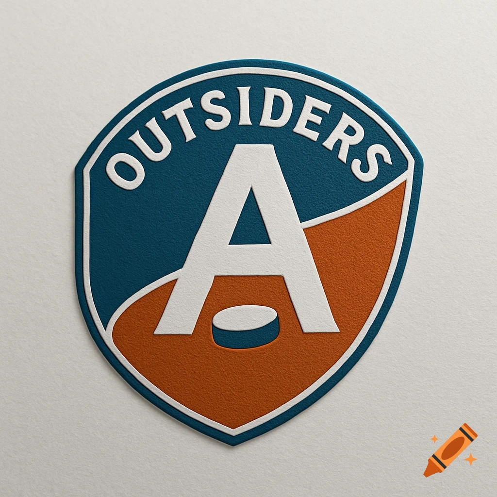 An embossed hockey team logo in a shield shape, featuring the word "OUTSIDERS" curved at the top and a large white "A" in the center with a hockey puck cutout. The logo is split diagonally in Texas blue and burnt orange, with a thin teal outline.