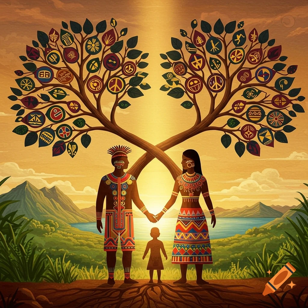 Colorful stylized painting of an Indigenous family holding hands under two trees with symbolic leaves, set against a sunset landscape with mountains.