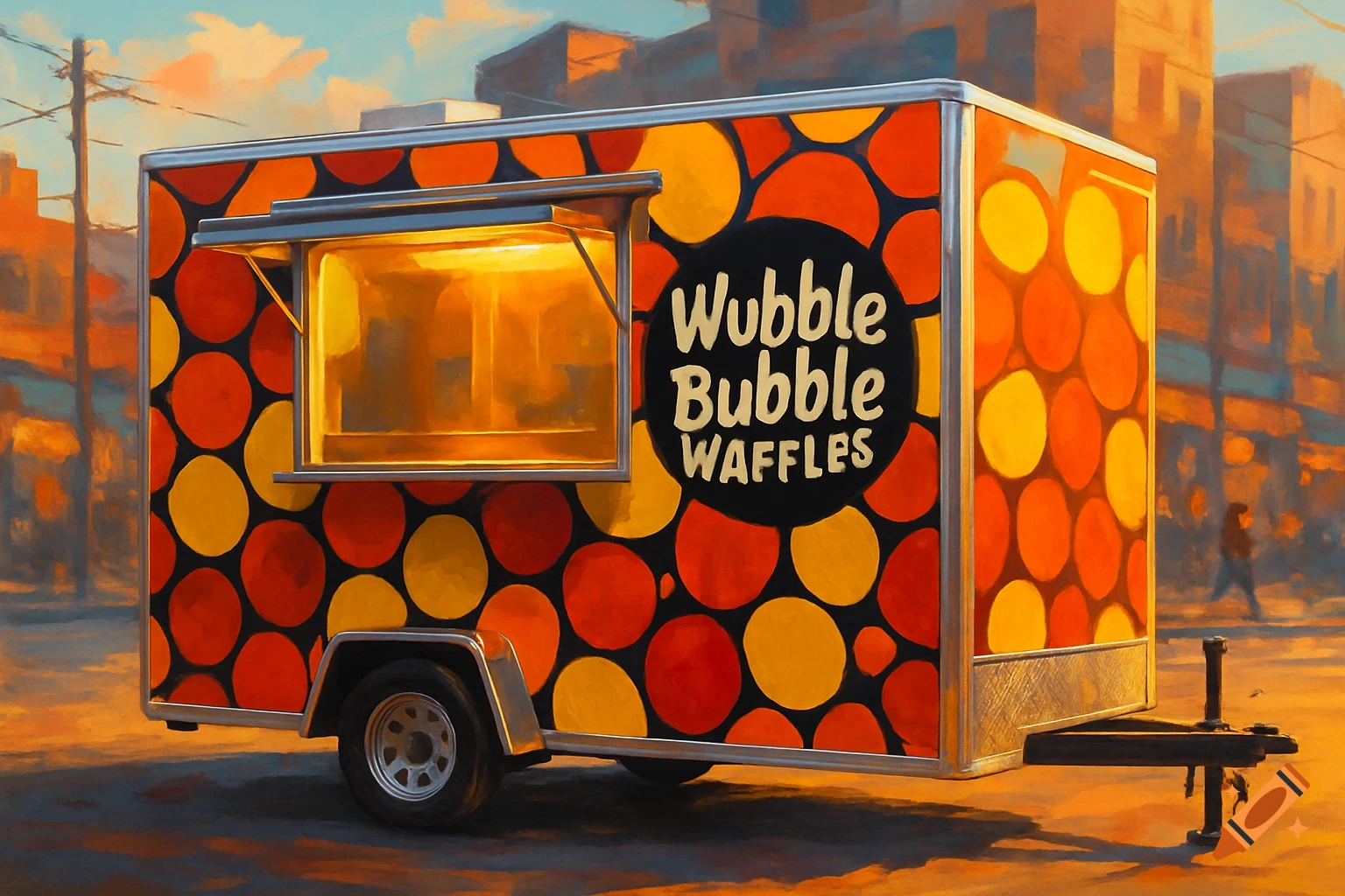 A brightly colored food truck with a red and yellow bubble pattern and a sign that reads 'Wubble Bubble Waffles' is parked on a street at sunset.