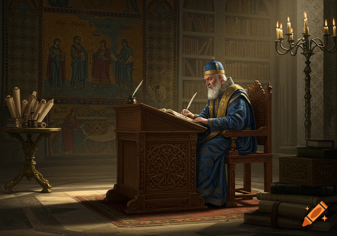 An aged Byzantine scholar in blue and gold robes writes at an ornate wooden desk in a dimly lit, mosaic-filled library.