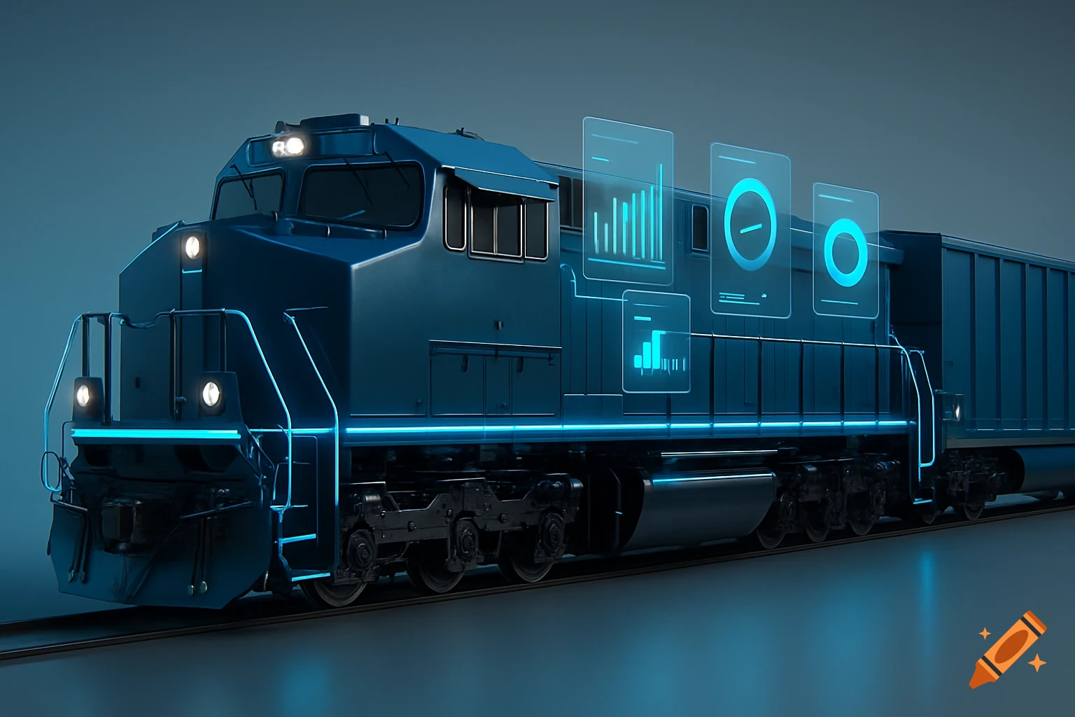 A sleek blue diesel locomotive with neon accents and holographic digital displays, in a studio photography style.