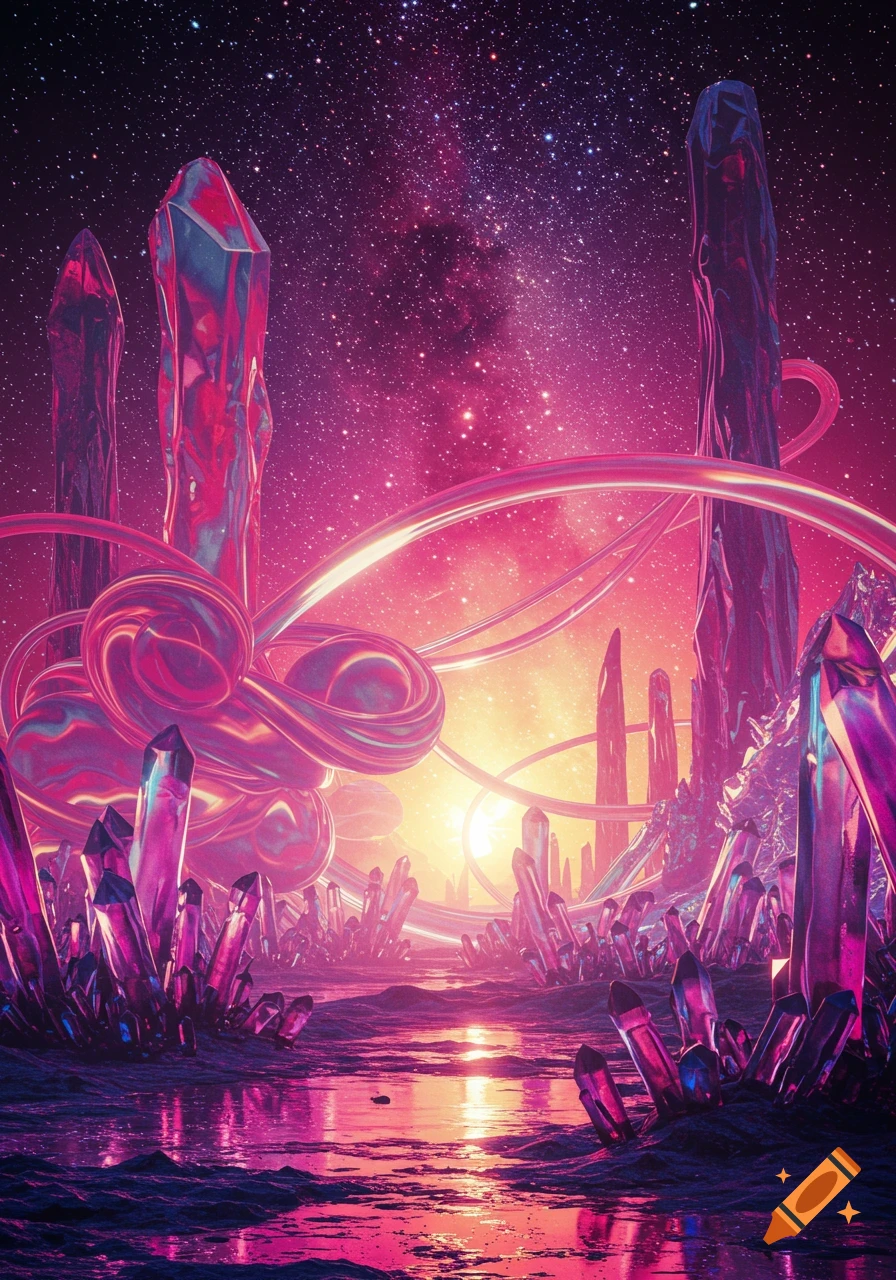 A vibrant fantasy landscape featuring glowing pink and purple crystals and abstract forms under a starry magenta sky with a bright sun.