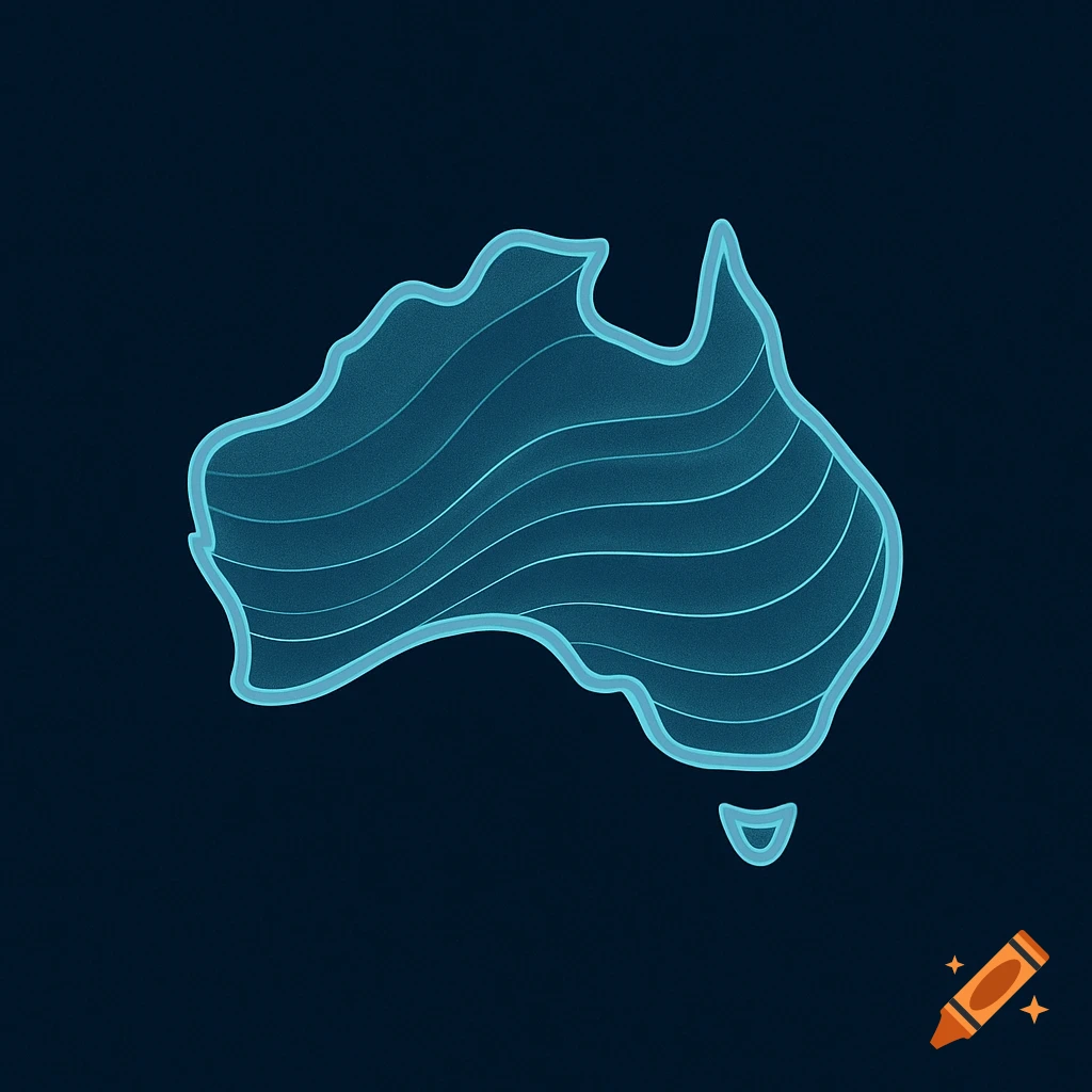 A stylized, abstract map of Australia made of wavy blue lines on a dark background.