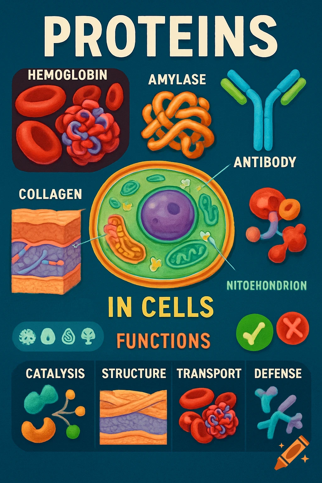 An educational infographic poster illustrating different types of proteins, their functions, and their locations in cells. It features diagrams of hemoglobin, amylase, collagen, antibodies, and a cell.