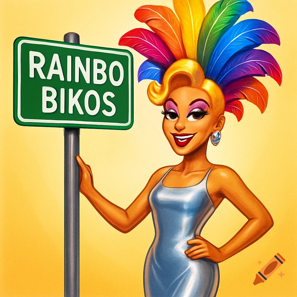 A stylized drag queen with a rainbow feather headdress and silver dress stands next to a green sign reading 'RAINBO BIKOS'.