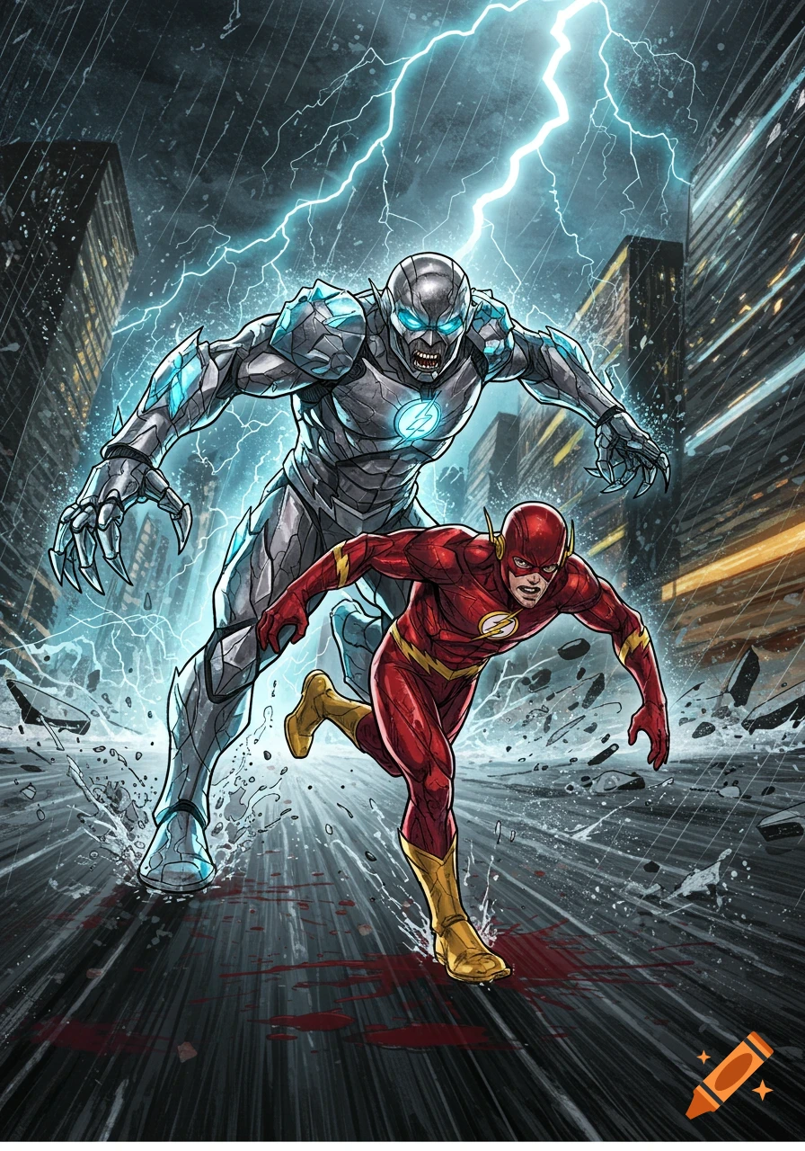 Comic book style drawing of the Flash running from Savitar in a rainy city with lightning.