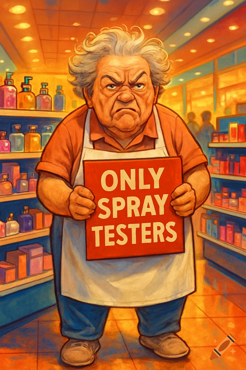 An angry, plump old man with grey hair, wearing an apron, holds a red sign that says 'ONLY SPRAY TESTERS' in a brightly lit store aisle.