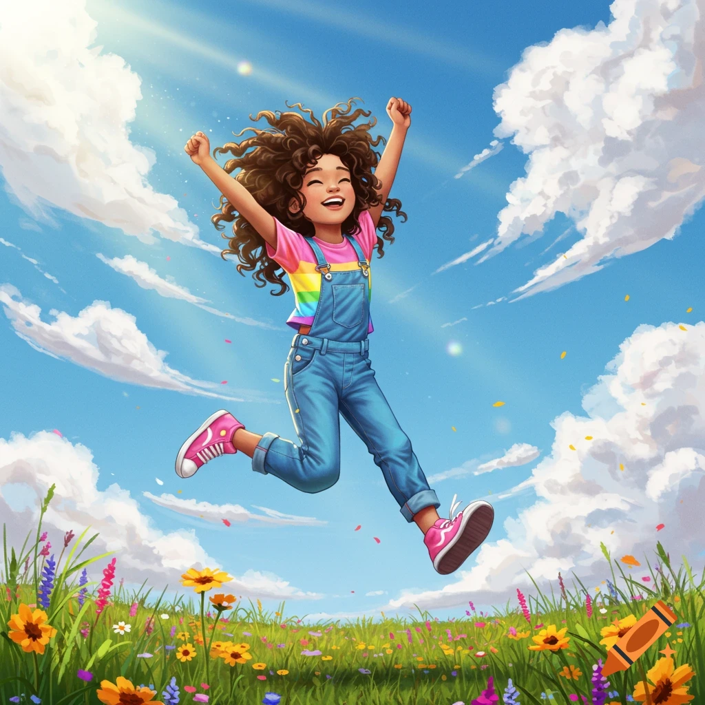 A happy cartoon girl with curly hair jumps for joy in a field of colorful wildflowers under a bright blue sky.