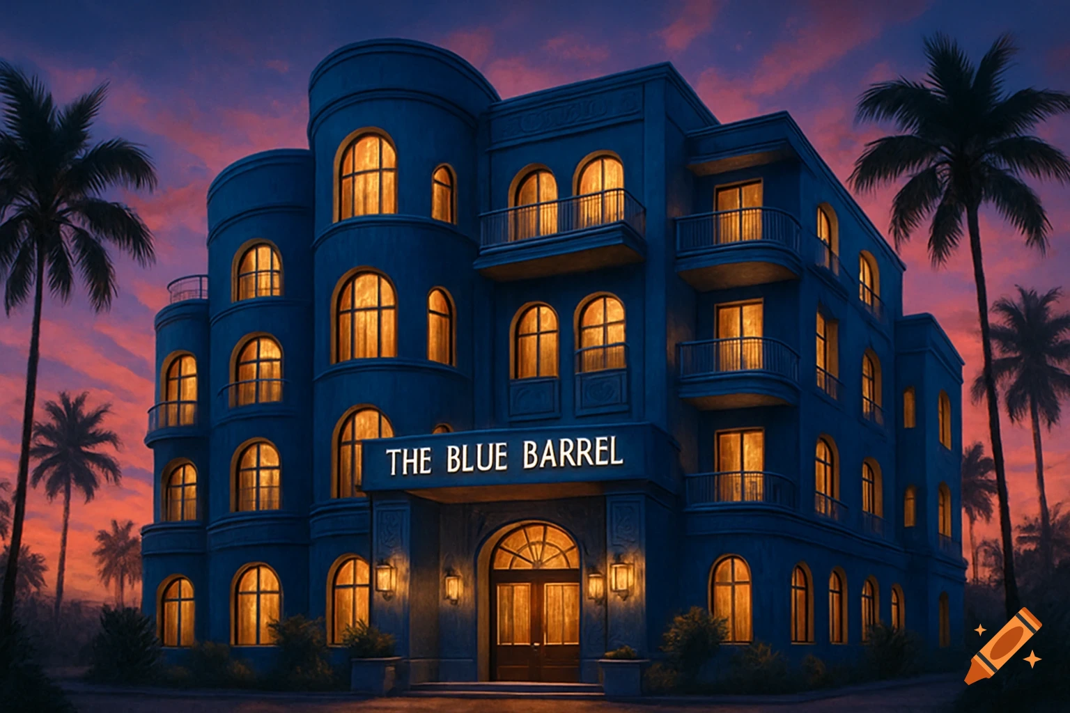 A blue hotel building with glowing windows, named 'The Blue Barrel', stands at sunset with palm trees.