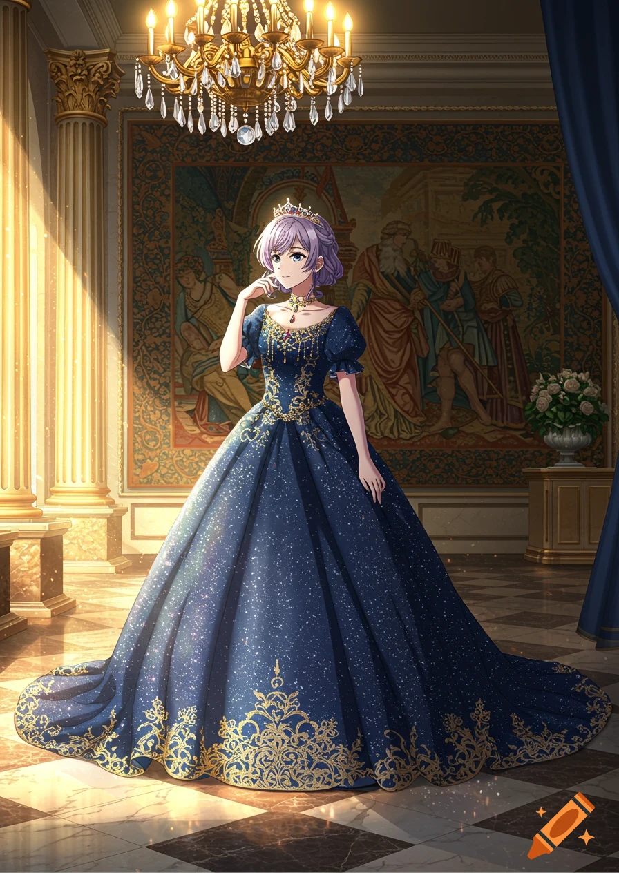 Anime girl in a sparkling royal blue gown with gold trim and a crown, standing in a grand ballroom.