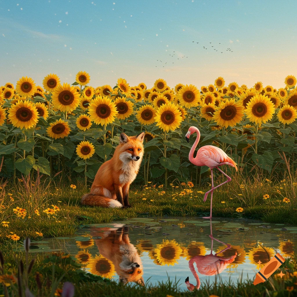 A photorealistic image of a fox sitting next to a flamingo in a sunflower field with a reflective pond.
