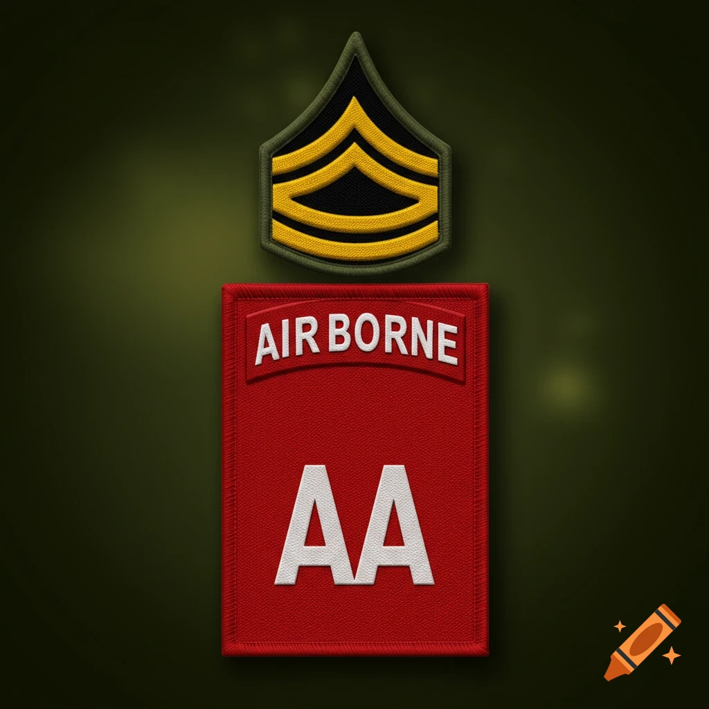 Close-up of a First Sergeant rank patch above a red 82nd Airborne Division patch with "AIR BORNE" and "AA" text.