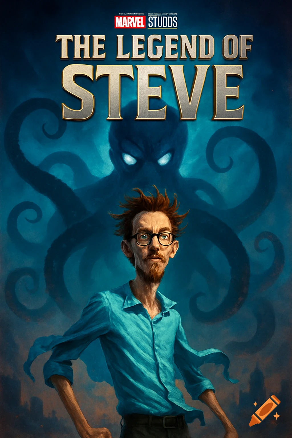 A movie poster titled 'The Legend of Steve' featuring a skinny man with crazy hair and goatee in a blue shirt, with a looming blue octopus monster in the background.