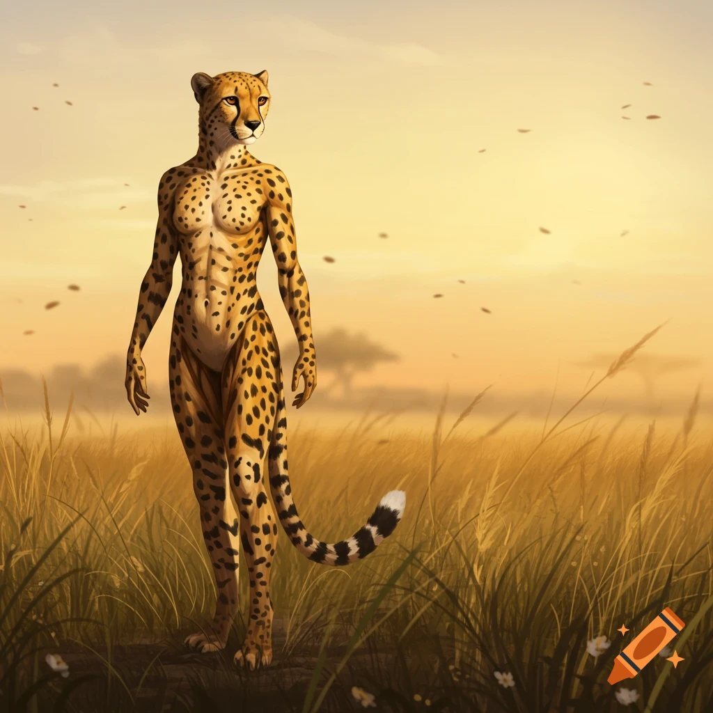 A humanoid cheetah stands in a grassy savanna at sunset, looking to the right.