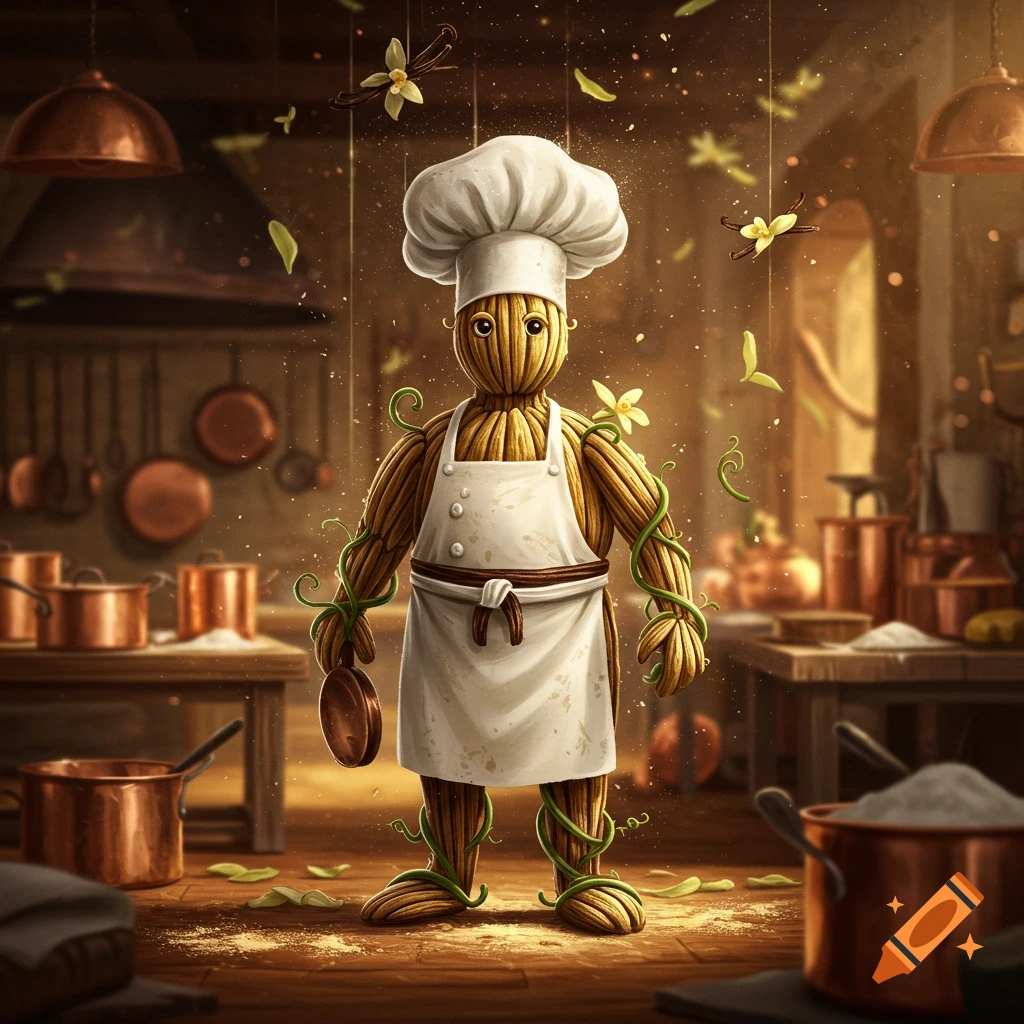 A whimsical chef character made of vanilla beans and vines, wearing a chef's hat and apron, stands in a rustic kitchen.