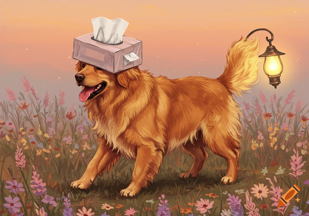 A golden retriever wearing a tissue box hat stands in a field of colorful flowers, with a glowing lantern as its tail in a digital painting.