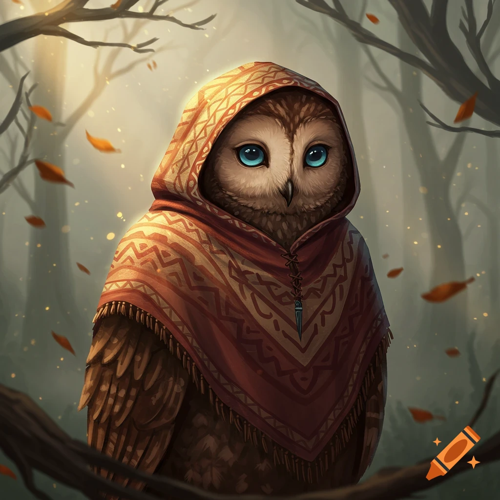 A brown owl with pale blue eyes wears a red patterned hooded poncho in a whimsical forest with falling autumn leaves.